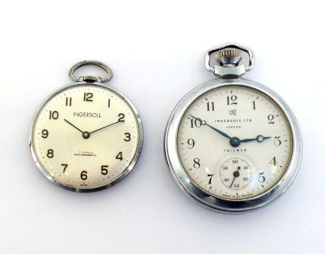 INGERSOLL, two chrome-plated keyless wind pocket watches, the first a 'Triumph', 48mm diameter, the second 40mm diameter COND