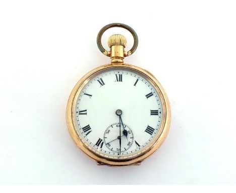 An early 20th century rolled gold keyless wind open faced pocket watch, the white enamel dial with black Roman numerals and a
