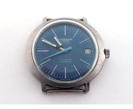 A 1970s gentleman's stainless steel manual wind wristwatch, the blued steel dial with baton markers and hands, date aperture 