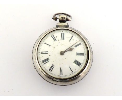 A 19th century silver pair cased pocket watch, hallmarked London, 1837, maker 'JH' in a rectangular cartouche, the white enam