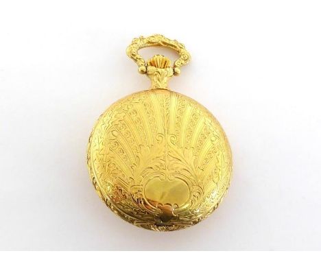 REUGE, a 20th century gold-plated musical full hunter pocket watch, the case ornately engraved overall, the dial off-set at 1