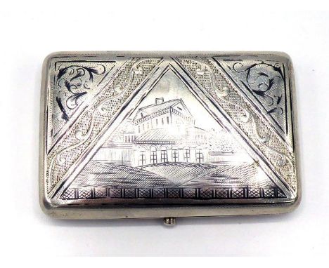 A Russian silver and niello cigarette case, maker's mark I.P. (Cyrillic), Moscow, circa 1895, cover with architectural view u