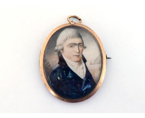 English School, circa 1790. A portrait miniature of a gentleman, his blue coat wth black collar, seascape behind with ship in