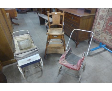 A Victorian child's metamorphic high chair and two vintage dolls perambulators