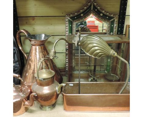 A large copper measure, 46cm tall, together with a copper kettle, jardiniere, set of scales and other metalwares