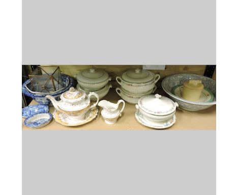 Two shelves of 19th century and later china, to include Copeland Spode, a Victorian teapot on stand and modern tureens