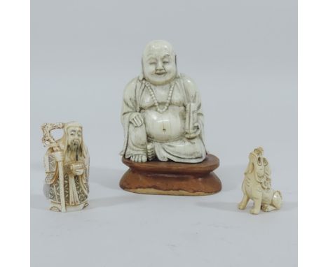 A 19th century carved ivory Japanese figure of Hotei, on a wooden plinth, 10cm tall, together with a netsuke of a Chinese dog