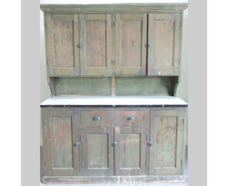 A large antique painted pine dresser, with an enamel top, 171cm