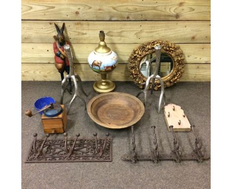 A collection of various items, to include a wall hook in the form of a rabbit, a pair of metal candlesticks, a lamp and a gil