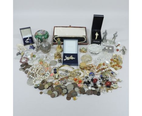 A collection of costume jewellery, to include brooches, together with coins, a Swarovski crystal model etc