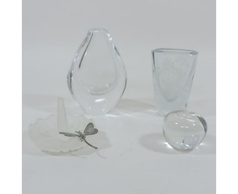 An Orrefors teardrop shape glass vase, etched with Saxtead Mill, signed, no.3632-111, 14cm tall, together with another etched