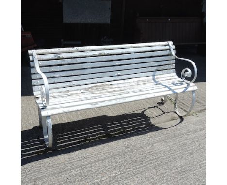 A Victorian white painted slatted garden bench, 184cm