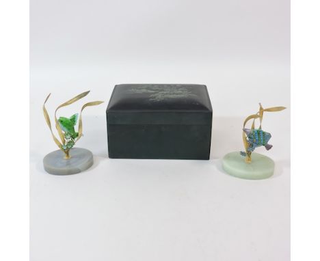 An enamel model of a fish, together with another, 11cm tall, and a set of lacquered stacking boxes