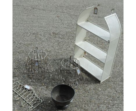 A pair of white painted wirework hanging baskets, together with a coat hook, a pewter footed bowl and a modern white painted 