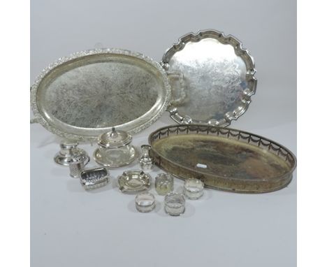 A collection of silver and plated items, to include a silver inkwell, silver and plated napkin rings and plated trays