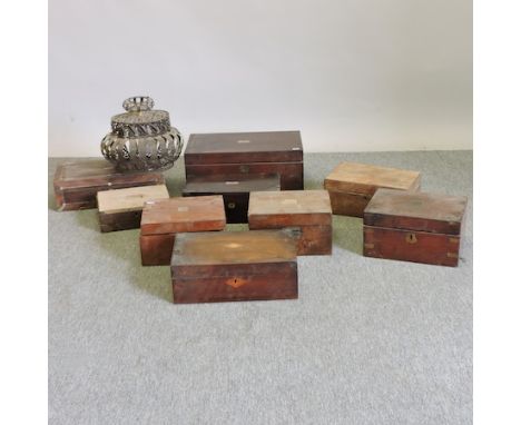 A collection of nine Victorian workboxes, largest 46cm, together with an oriental lantern