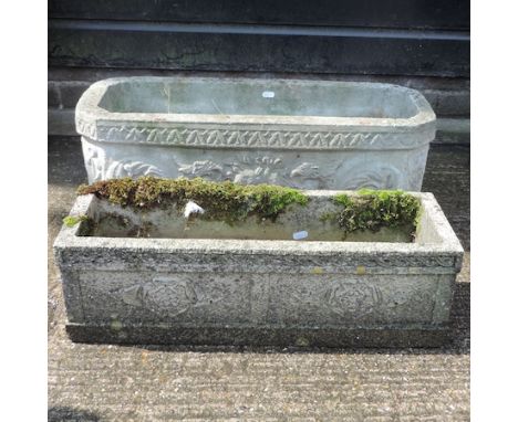 A Cotswold reconstituted stone rectangular garden planter, 27cm tall, together with another