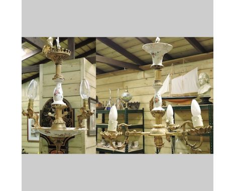 A Sevres style porcelain and gilt metal three branch ceiling light, 45cm diameter, together with another smaller