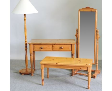 A modern pine side table, with a pair of frieze drawers, 99cm, together with a pine coffee table, a cheval mirror and a stand