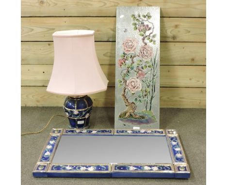 Michelle Ohlson, a pottery framed wall mirror and a matching lamp, together with Audrey Blake, an enamel painted and pewter w
