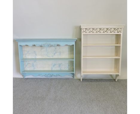 A blue painted wall shelf, 98cm, together with a smaller white painted wall shelf