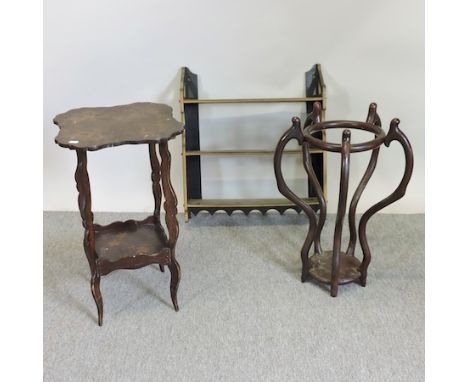 A mahogany side table, 72cm, together with an occasional table, a Chinese plant stand and a black painted wall shelf