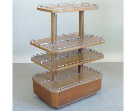 A mid 20th century light oak and chrome mounted four tier shop display stand, 92cm