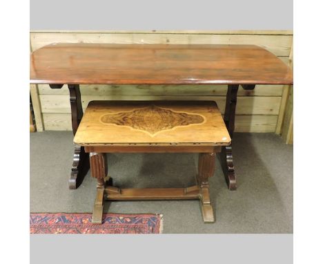 An Ercol refectory table, 150 x 78cm, together with a walnut and inlaid occasional table