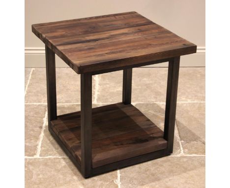 A contemporary Timothy Oulton 'Axel' lamp or side table, of cubic form, the plank top upon an iron box section frame with con