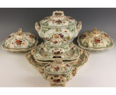 An English ceramic part dinner service in the 'Emerald Flowers' pattern, mid 19th century, each transfer printed and overpain