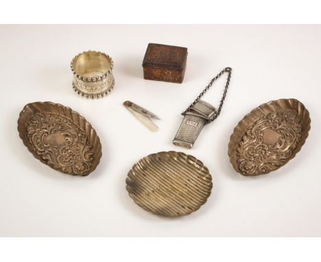 A selection of silver and silver coloured items, including a Victorian silver card tray, Birmingham 1891, with lobed rim abov