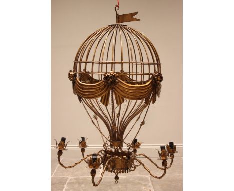 A 20th century gilt metal hanging ceiling light, modelled as a hot air balloon, over six scrolled 'S' shaped arms, 129cm high