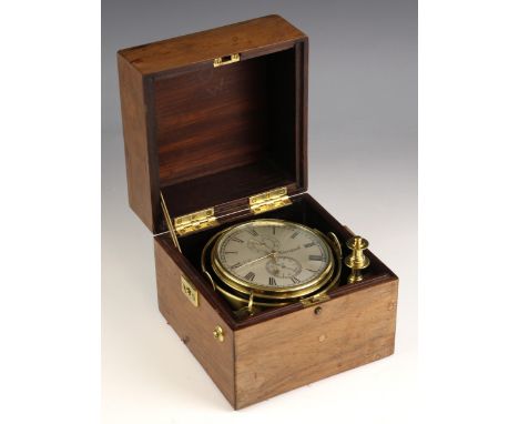 A mahogany cased brass marine chronometer signed J Bywater, Liverpool, mid 19th century, the 9cm silvered dial applied with R