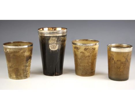 Three early 19th century engraved horn cups, the tapered cups with silver mounted rims above naively engraved hunting scenes,