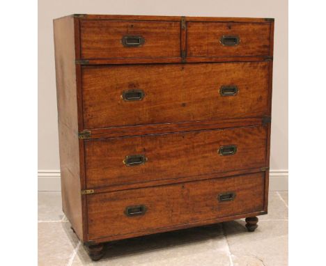 A mahogany and brass bound two section campaign chest, mid to late 19th century, formed with two short over three long ash li