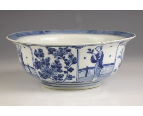 A Chinese porcelain blue and white bowl, 19th century, Kangxi four character mark, decorated in the Wanli period style, and o