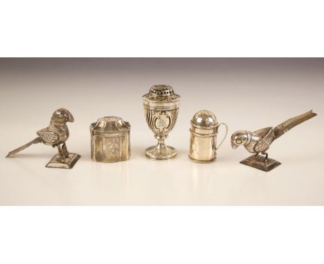 A selection of silver and white metal items, including a George III silver pounce pot, London 1802, of urn form with floral d