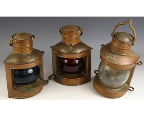 Three ship's signal lanterns by Simpson Lawrence & Co. of Glasgow, comprising: Port, Starboard and Masthead, each with copper