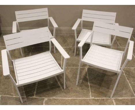 A set of three powder coated Eos patio or garden chairs, by Case, of slatted construction upon a box section frame, 67cm H x 