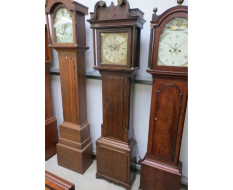 A Georgian oak longcase clock, 12" square dial with silvered Roman chapter ring and brass spandrels, maker Stancliffe, Hanley