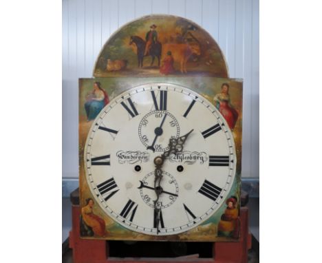 A 19th Century mahogany longcase clock by Sanderson Aglesbury, painted arch dial with Roman numerals and twin subsidary dials