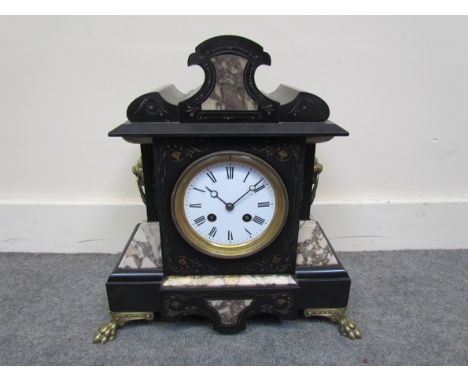 A brass and marble mantle clock, Roman dial, eight day movement, 33cm high
