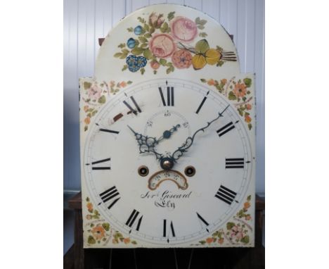 A Georgian oak and mahogany longcase clock, painted arch dial with Roman numerals, subsidiary seconds and calendar wheel, mak