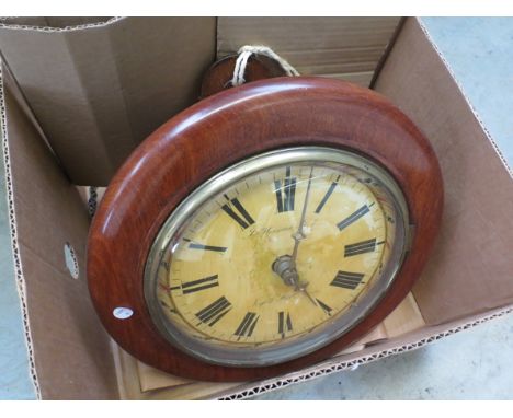 A Victorian mahogany cased postman's alarm clock with painted wooden dial, signed J, Harman, No 7, Norfolk St, Lynn with weig