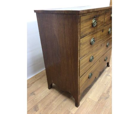 Nineteenth century mahogany chest of two short and three long graduated drawers on splayed bracket feet, 109cm wide, 52.5cm d