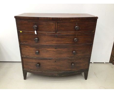 19th century mahogany chest of two short and three long drawers with turned bun handles, on bracket feet, 106cm wide x 51cm d
