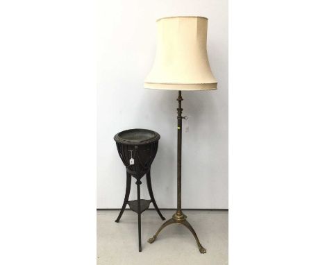 Edwardian wooden jardiniere and an Edwardian brass oil lamp standard converted for electricity