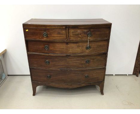 19th century mahogany chest of two short and three long drawers with brass ring handles, on splayed bracket feet, 102cm wide 