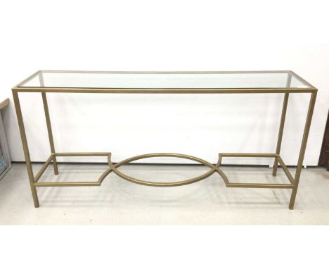 Stylish gold finished metal rectangular console table with inset glass top, 160cm wide x 41cm deep x 77cm high