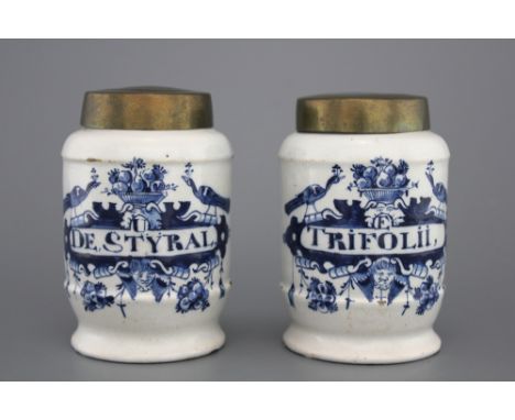 A pair of Dutch Delft blue and white pharmacy jars, albarello form, 18th C. Marked B:P for the "De Blompot" factory. One insc